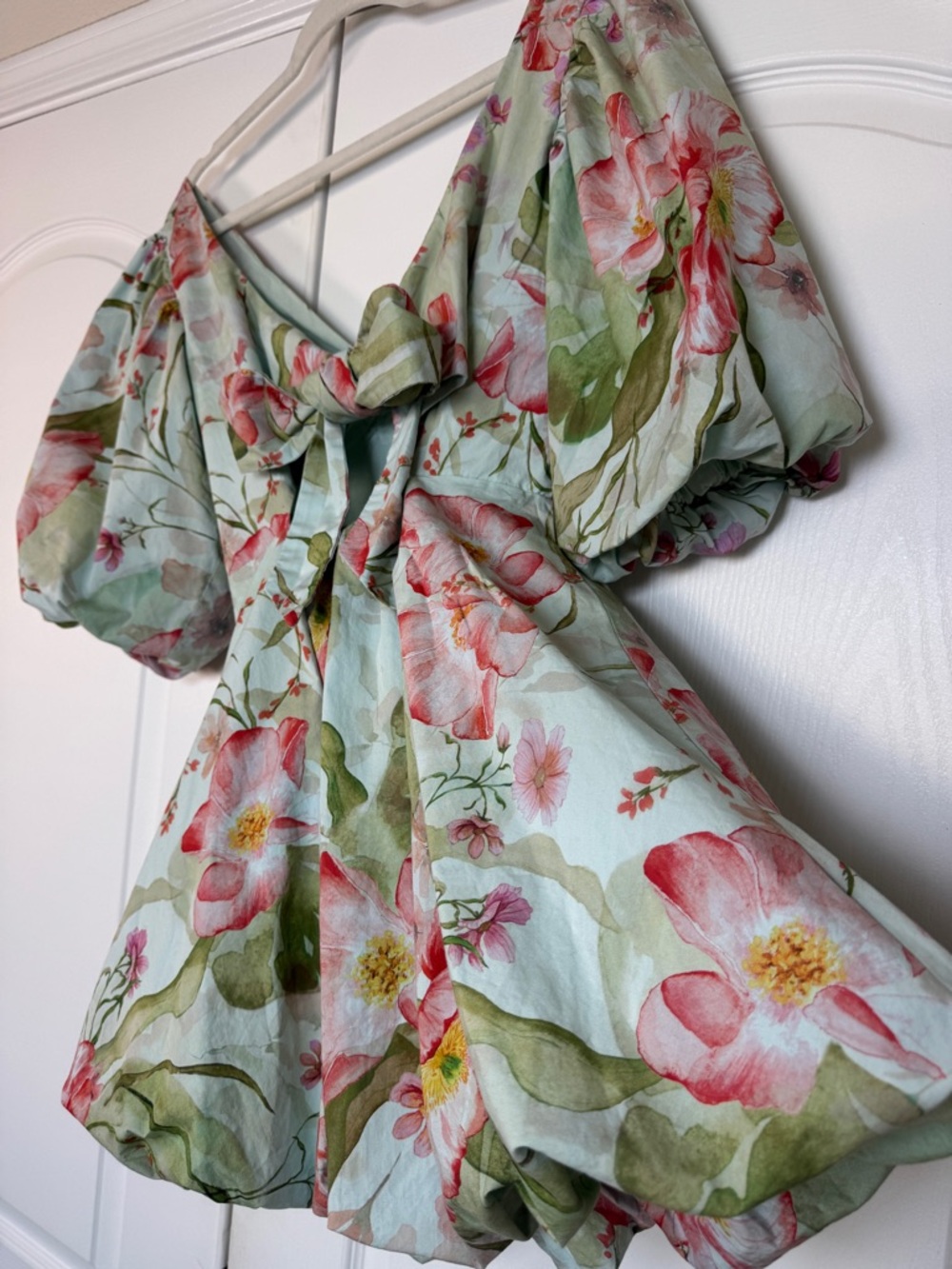 H&M Floral Bubble Hem Mini Dress Balloon Sleeves Sage Green Cottagecore Size Med - Picture 3 of 9